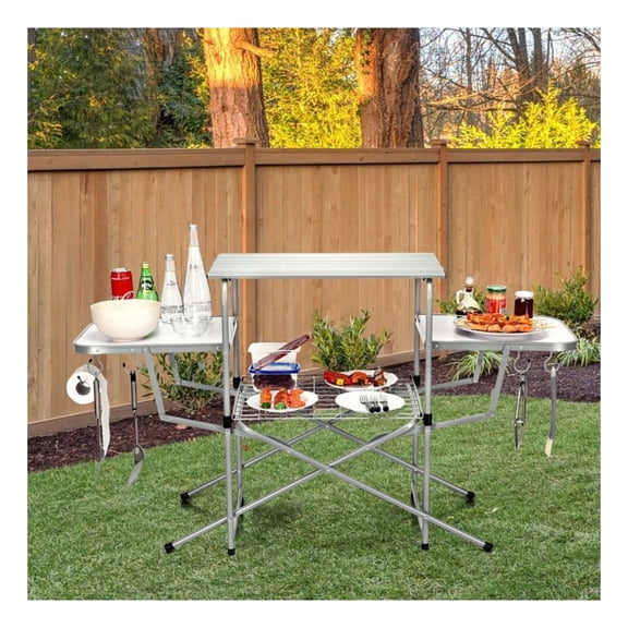 Foldable BBQ Table - Outdoor Grilling Stand with Side Shelves & Hooks - Portable Camping Table for Patio, Backyard, Tailgating