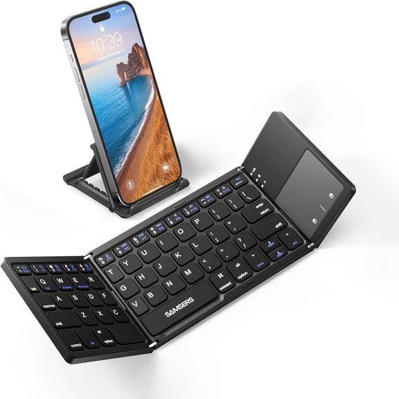 Foldable BT Keyboard with Touchpad - Portable Wireless Keyboard with Holder, Rechargeable Full Size Ultra Slim Pocket Folding Keyboards for Android Windows iOS Tablet & Laptop