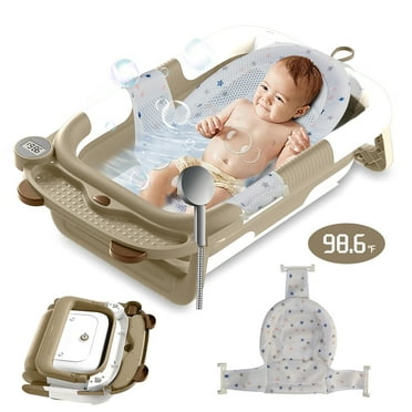 Foldable Baby Bathtub Portable Infant Baby Bath Tub with Thermometer and Shower Hole(Coffee  Net)