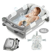 Foldable Baby Bathtub Portable Infant Baby Bath Tub with Thermometer and Shower Hole(Gray + Pad)