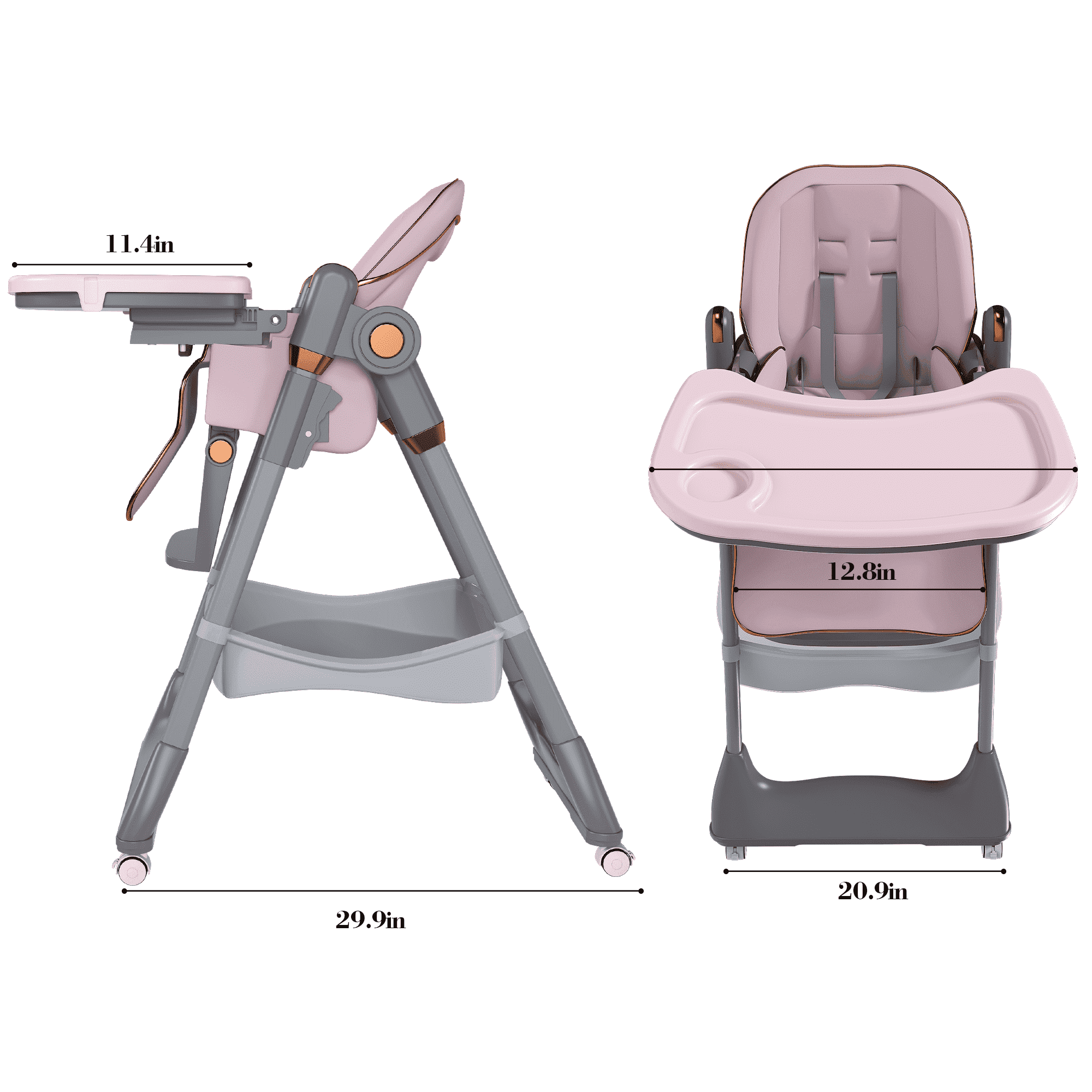 Foldable Baby High Chair, Adjustable Infant Feeding Chair with Tray, Wheels & Safety Harness, 6 Months–6 Years