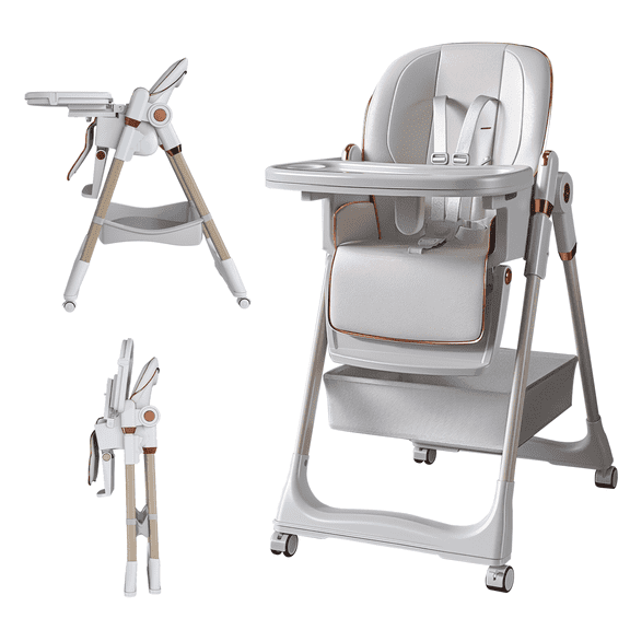 Foldable Baby High Chair 0-6 Years – Adjustable Infant Feeding Seat with Tray, Wheels & Safety Belt, Easy-Clean Cushion