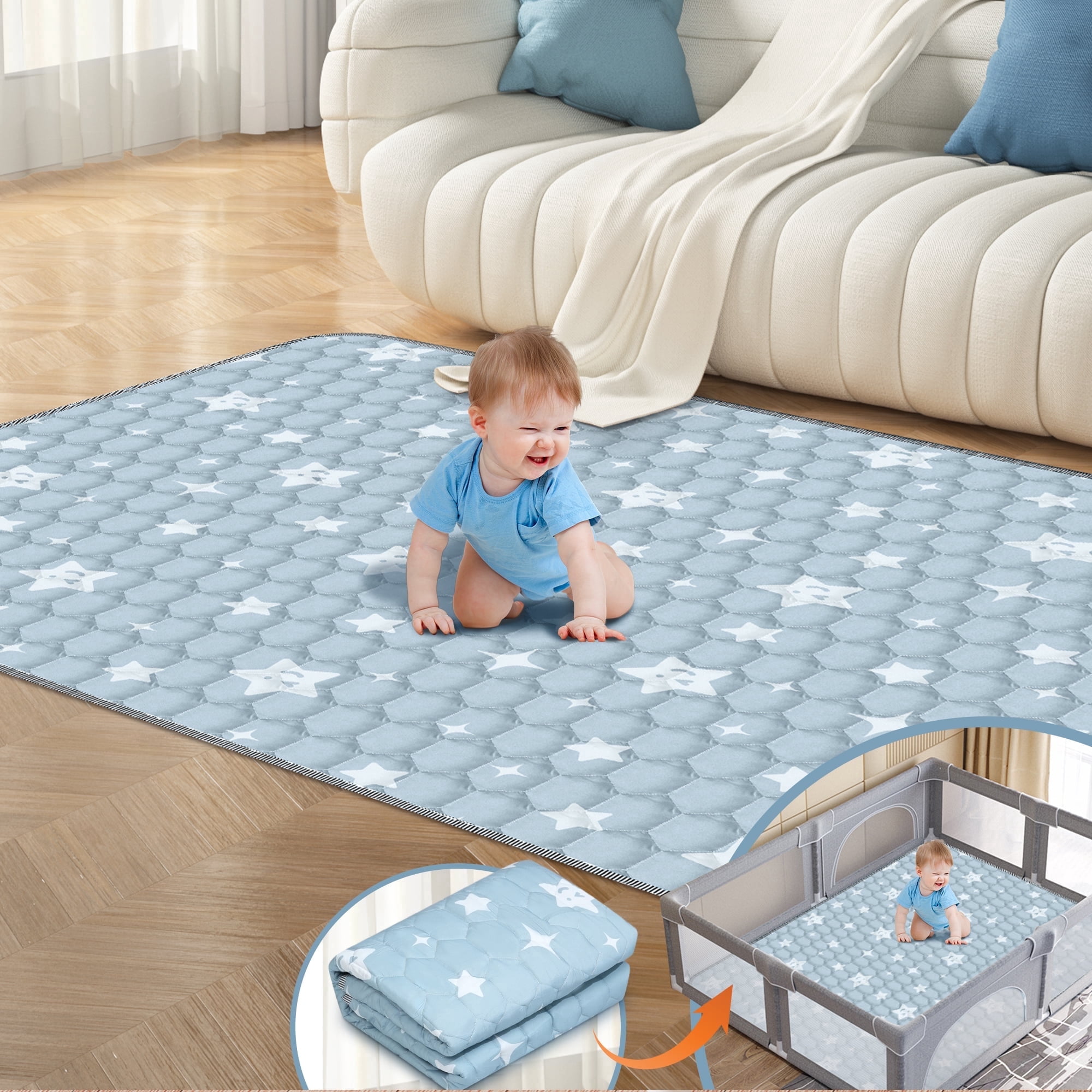 Foldable Baby Play Mat 79in*71in, HDJ Baby Mat for Floor Playpen, Portable Crawling Mat for Babies Toddlers Infants, Blue