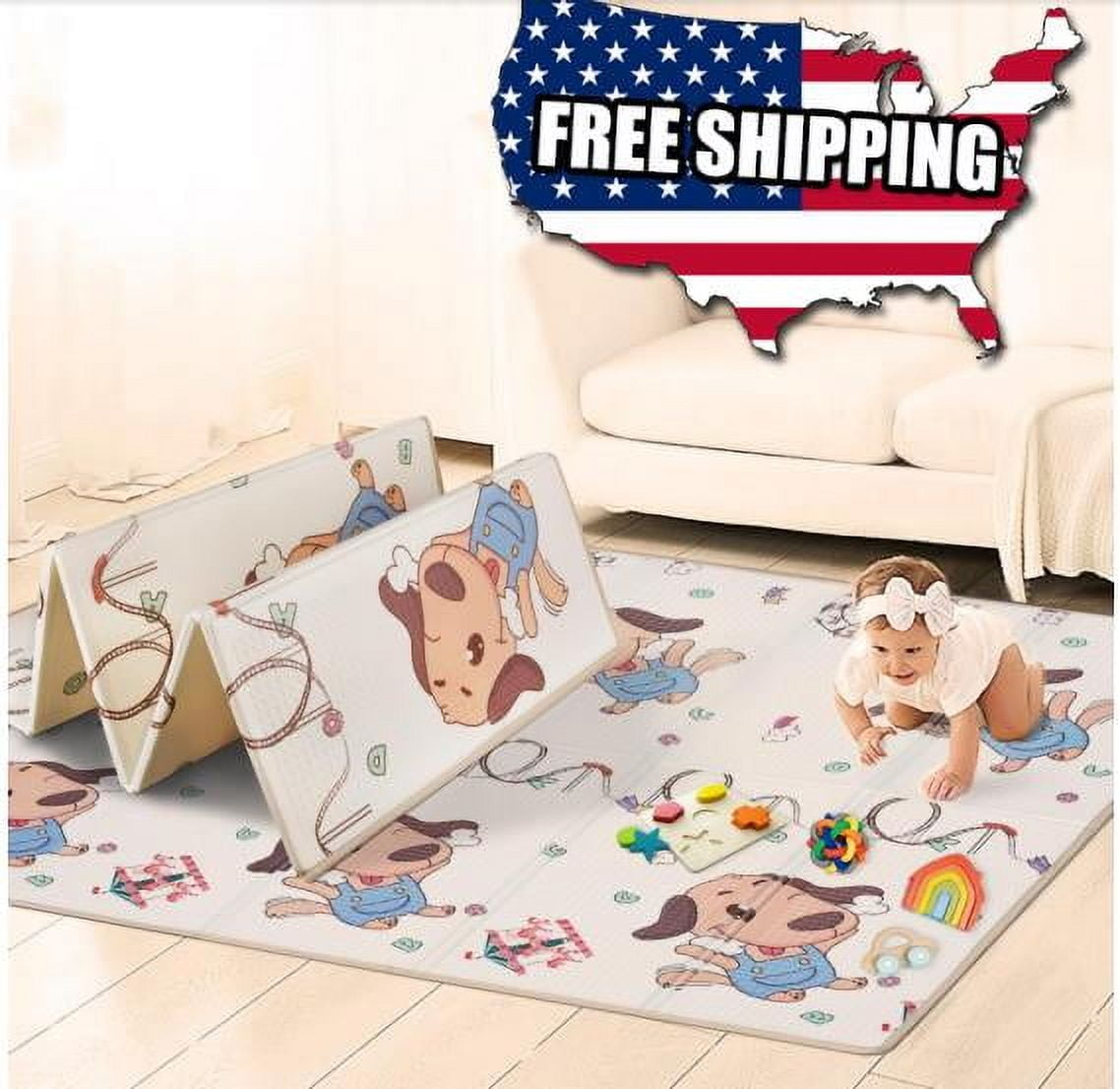 Foldable Baby Play Mat,Reversible, Waterproof, Anti-Slip Floor Playing Mats for Infants, Babies, Toddlers Indoor/Outdoor (Cute Bear Tall Foot+Animal Music Festival, 79 "* 51 "* 0.4")  thick 1cm