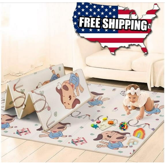 Foldable Baby Play Mat,Reversible, Waterproof, Anti-Slip Floor Playing Mats for Infants, Babies, Toddlers Indoor/Outdoor (Cute Bear Tall Foot+Animal Music Festival, 79 "* 51 "* 0.4") thick 1cm