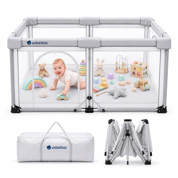Foldable Baby Playpen, 1-Minute Setup, Lightweight Portable Playpen with Carry Bag, 59"x71" Indoor Outdoor Safty Play Yard for Babies & Toddlers, Light Gray