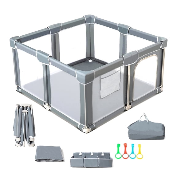 spanspace Foldable Baby Playpen 59"x71", Out-of-The-Box Ready Playpen for Babies and Toddlers, Portable Play Yard with Breathable Mesh & Gates, Storage Bag & 4 Handlers for Indoor & Outdoor