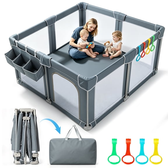 spanspace Foldable Baby Playpen 53"x53", Out-of-The-Box Ready Playpen for Babies and Toddlers, Portable Play Yard with Breathable Mesh & Gates, Storage Bag & 4 Handlers for Indoor & Outdoor