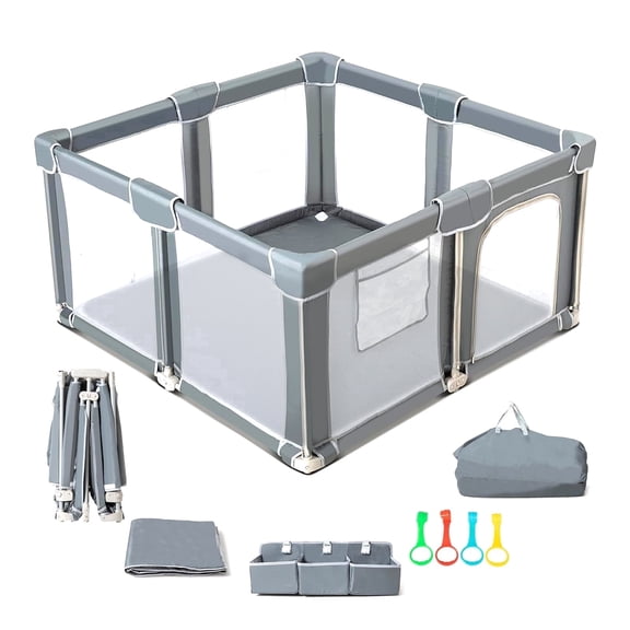 Spanspace Foldable Baby Playpen 53" x 53" with Mat, Portable Play Yard for Babies and Toddlers, Breathable Mesh Panels, Safety Gates, Storage Bag & 4 Handles for Indoor and Outdoor Use