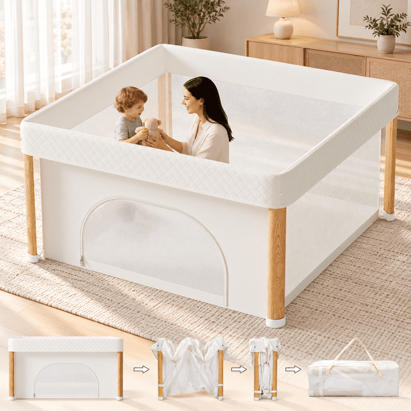 Suihuooo Foldable Baby Playpen 59"x59"x27",Baby Play Yard for Babies and Toddlers,Indoor & Outdoor Play Yard Fence with Breathable Mesh for Kids,White