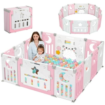 Foldable Baby Playpen, Kids 14 Panel Play Pen for Babies and Toddlers, Neche 60x60 inches Unisex Play Yard, Pink White