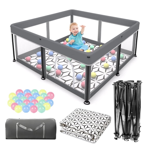 Foldable Baby Playpen with Mat and 30 Balls, Portable Play Yard for Babies and Toddlers, Indoor Outdoor Playpen with Breathable Mesh, Grey, 50 x 50 Inch