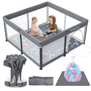 Foldable Baby Playpen with Mat, Collapsible Play Pen for Babies and Toddlers, Indoor & Outdoor Kids Safety Play Pen, Portable Play Yard with 50 Ocean Balls, 50"×50", Gray