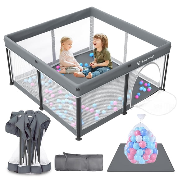 Foldable Baby Playpen with Mat, Collapsible Play Pen for Babies and Toddlers, Indoor & Outdoor Kids Safety Play Pen, Portable Play Yard with 50 Ocean Balls, 50"×50", Gray