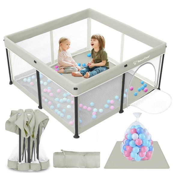 Foldable Baby Playpen with Mat, Collapsible Play Pen for Babies and Toddlers, Indoor & Outdoor Kids Safety Play Pen, Portable Play Yard with 50 Ocean Balls, 50"×50", Beige