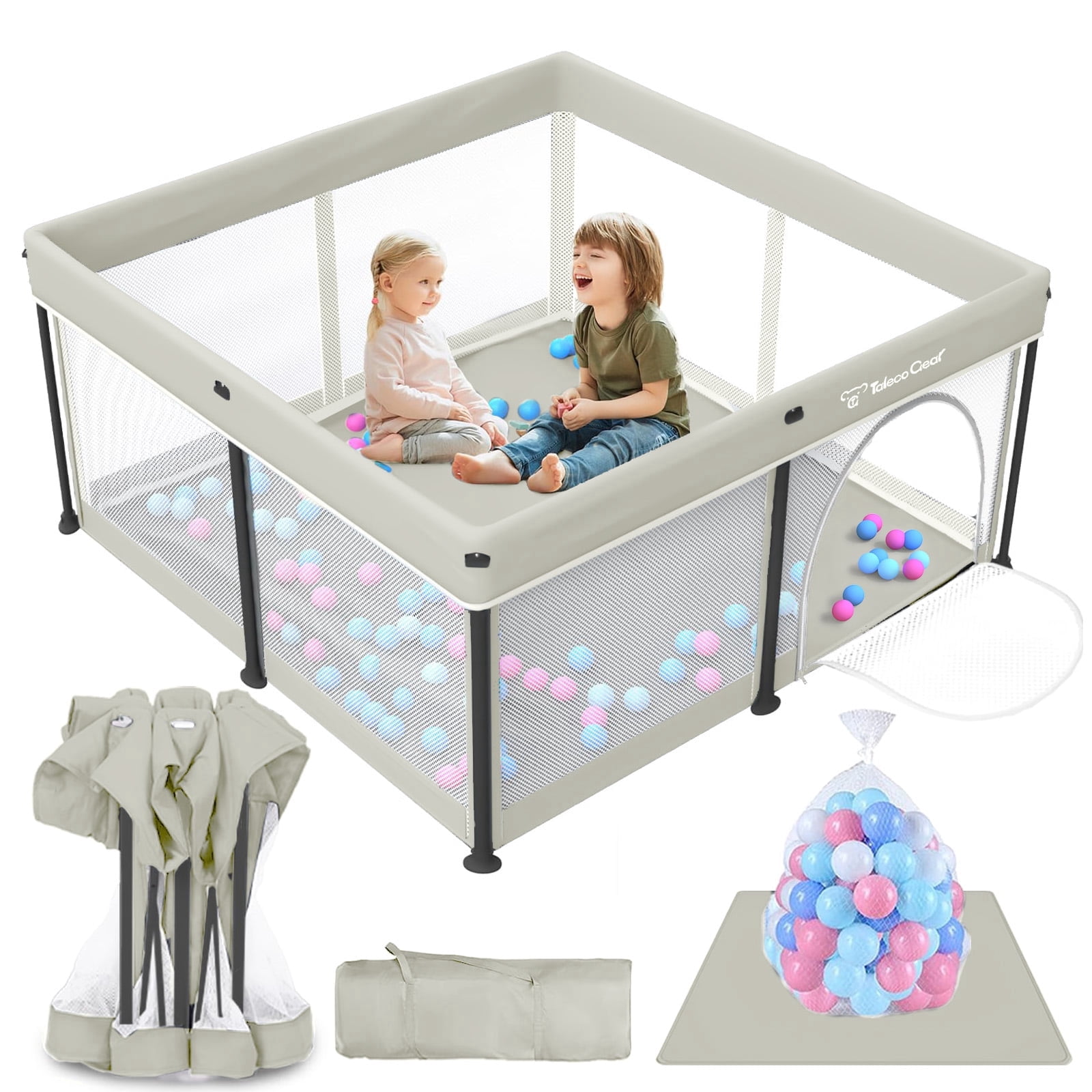 Foldable Baby Playpen with Mat, Collapsible Play Pen for Babies and Toddlers, Indoor & Outdoor Kids Safety Play Pen, Portable Play Yard with 50 Ocean Balls, 50"×50", Beige