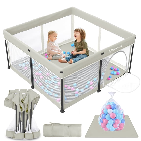 Foldable Baby Playpen with Mat, Collapsible Play Pen for Babies and Toddlers, Indoor & Outdoor Kids Safety Play Pen, Portable Play Yard with 50 Ocean Balls, 50"×50", Beige