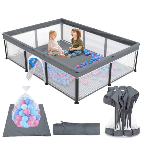 Foldable Baby Playpen with Mat, Collapsible Play Pen for Babies and Toddlers, Indoor & Outdoor Kids Safety Play Pen, Portable Play Yard with 50 Ocean Balls, 50"×70", Gray