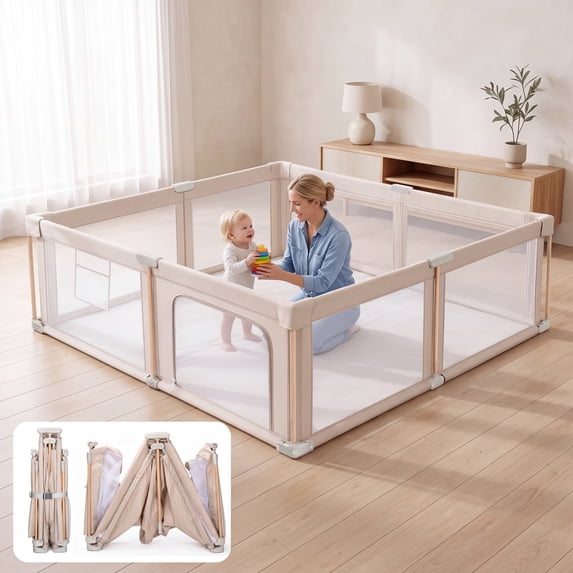 71"x59" Foldable Baby Playpen with Mat,Play Yards for Toddlers,Baby Fence with Breathable Mesh,Anti-Fall Pads,Storage Bag,2 Pull up Rings,Khaki