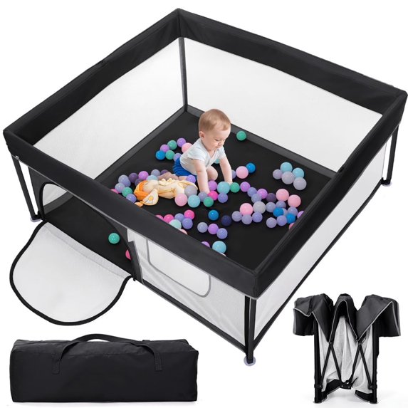 Baby Playpen, Caveen 50"×50" Foldable Playpen for Babies and Toddlers, Portable Travel Play Yard, Black