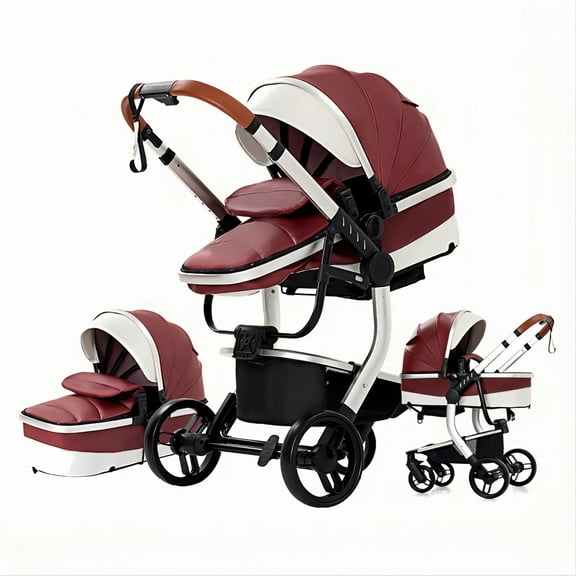 Foldable Baby Stroller, Reversible Travel Stroller with Alloy Frame, PU Leather,Cup Holder,Storage Bag for Newborn Infant,Unisex,RED