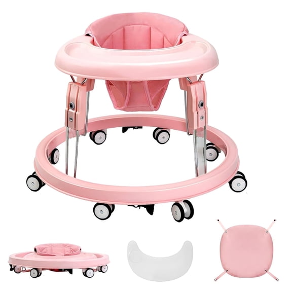PRVAETU Foldable Baby Walker Activity Center W/ Wheels,Height Adjustable W/ Dinner Plate & Foot Pad for 6-18 Months Babies Infant Boys Girls,Full Pink