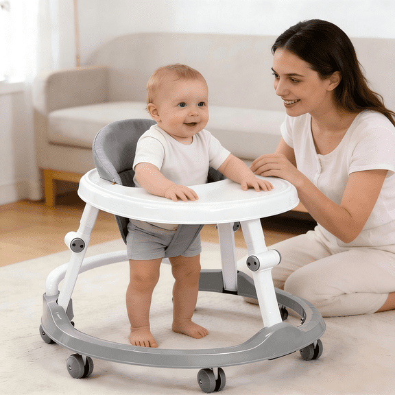 Foldable Baby Walker with Activity Tray, Adjustable Height Learning Walker, Lightweight Anti-Slip Infant Walker for 6 Months+ Babies, Compact Space-Saving Design, Supports Up to 26 lbs