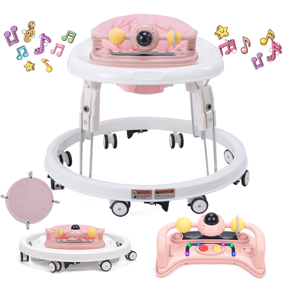 PRVAETU Foldable Baby Walker Activity Center W/ Music Toy,Wheels,Height Adjustable,Foot Pad for 6-18 Months Babies Infant Boys Girls,Pink