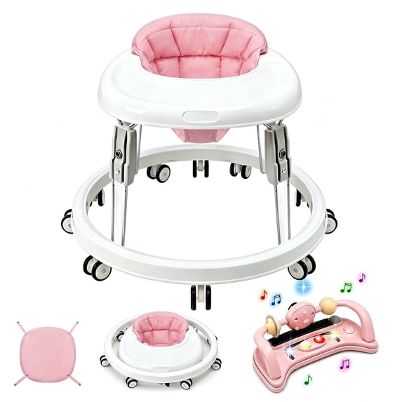 PRVAETU Foldable Baby Walker Activity Center W/ Music Toy,Wheels,Height Adjustable,Foot Pad for 6-18 Months Babies Infant Boys Girls,Pink