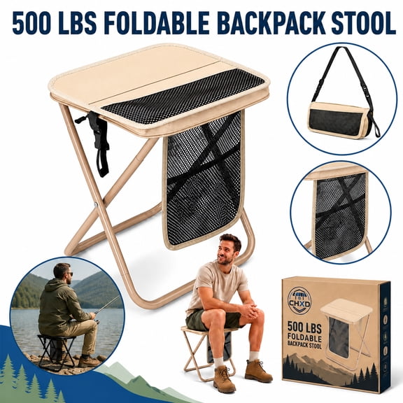 Foldable Backpack Stool 500 Lbs Backpack Stool for Adults: 16" Extra Tall Portable Collapsible Stool Lightweight Folding Camping Stool with Shoulder Strap Mesh Pocket for Fishing/Camping/Outdoor