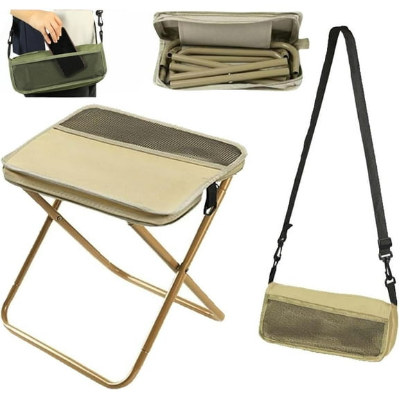 Foldable Backpack Stool, Mountaineering and Hiking Portable Stool, Pocket Handbag Stools, Lightweight Outdoor Seat with Adjustable Strap, Outdoor Zipper Pack Folding Chair for Travel Fishing