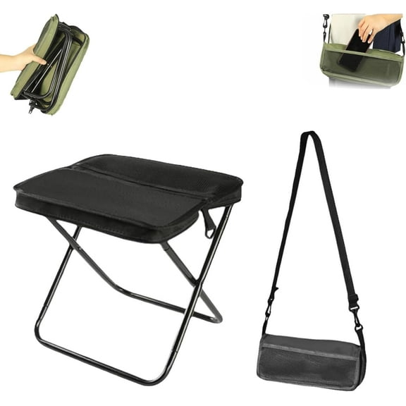 Foldable Backpack Stool, Portable Mini Outdoor Camping Folding Seat with Adjustable Shoulder Strap, Mini Camping Collapsible Stool for Camping, Fishing, Hiking (Black, Small)