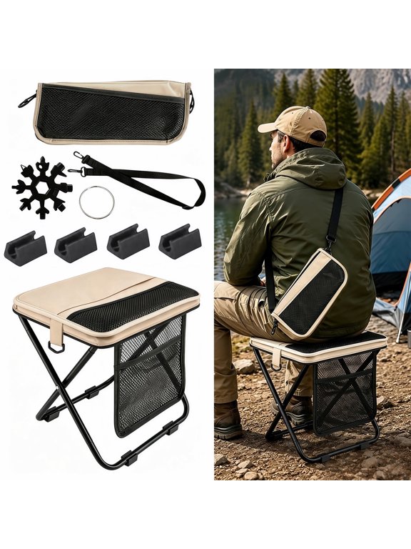 Foldable Backpack Stool for Adults - Portable Camping Stool with Sling Bag, 300lbs Capacity for Camping, Fishing, Hiking, Travel, Picnic (Black)