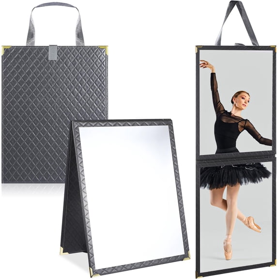 Foldable Backstage Mirror With Handle Leather Folding Hanging Rectangular For Travel Dance Bag Home Fitness Spa Gift Dancers(grey 33.5" L X 13.4" W)