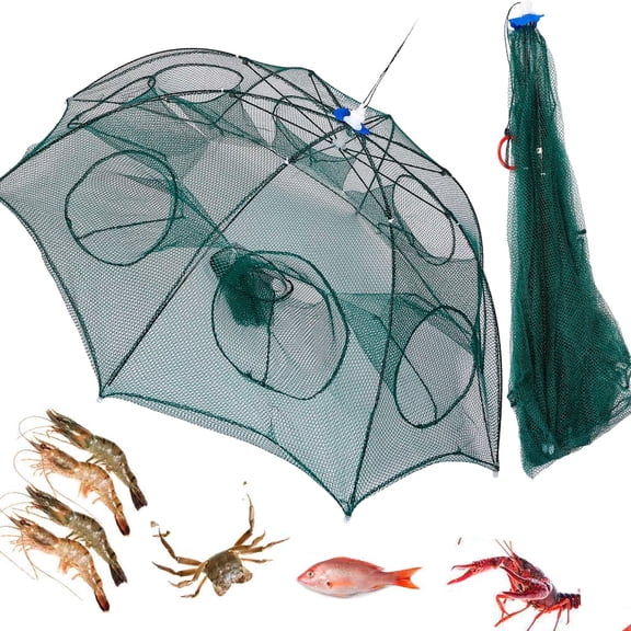 Foldable Bait Trap Fishing Net 8 Hole Portable Minnow Bait Net Trap with Nylon Mesh Steel Frame for Catching Live Bait Fish Crawfish Shrimp