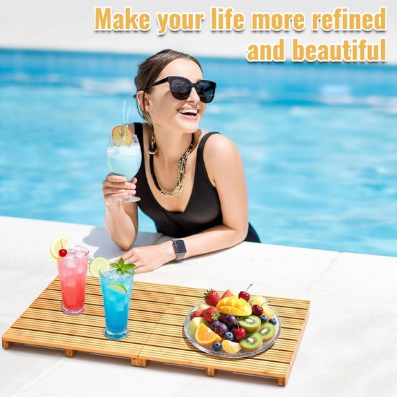 Foldable Bamboo Bath Mat for Shower, 31.49" x 17.71" in Non-Slip Wood Bathroom Rug, Quick-Dry Waterproof Carpet for Indoor Outdoor Use by Sink, Tub, Pool