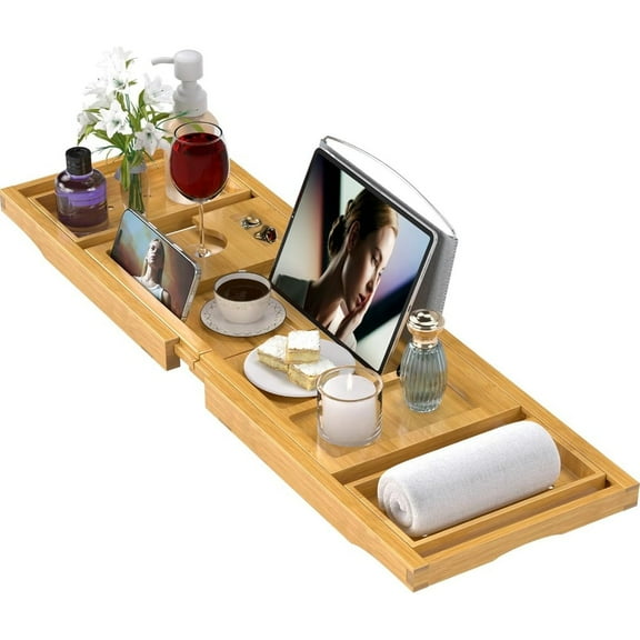Foldable Bamboo Bathtub Caddy Tray Expandable for Luxury Bath, Bath Accessories & Table with Wine Glass Holder, Book Stand Bathroom Organizer with Extending Sides for Men/Women,Black
