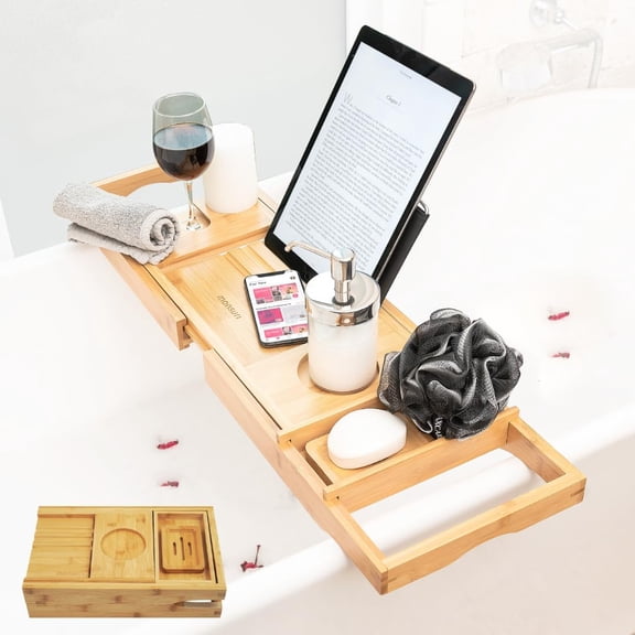 Foldable Bamboo Bathtub Tray Caddy Expandable Rectangular Bath Tray with Non-Slip Base, Wine Glass Slot, Tablet Stand, and Soap Dish