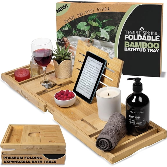 Foldable Bamboo Bathtub Tray Caddy for Tub — Expandable One-Piece Wood Bath Table with Wine Holder Book Stand and Non-Slip Pads — Space-Saving Bath Caddy — Housewarming