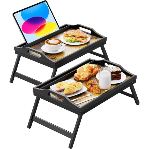Foldable Bamboo Breakfast Tray with Legs and Handles, Set of 2 Bed Tables for Eating, Reading, or Recovery, 16.92 x 12.6 Inch Lap Trays for Adults and Kids