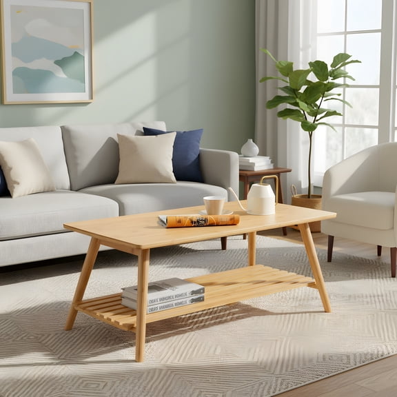 Foldable Bamboo Coffee Table with Open Shelf - Living Room Furniture