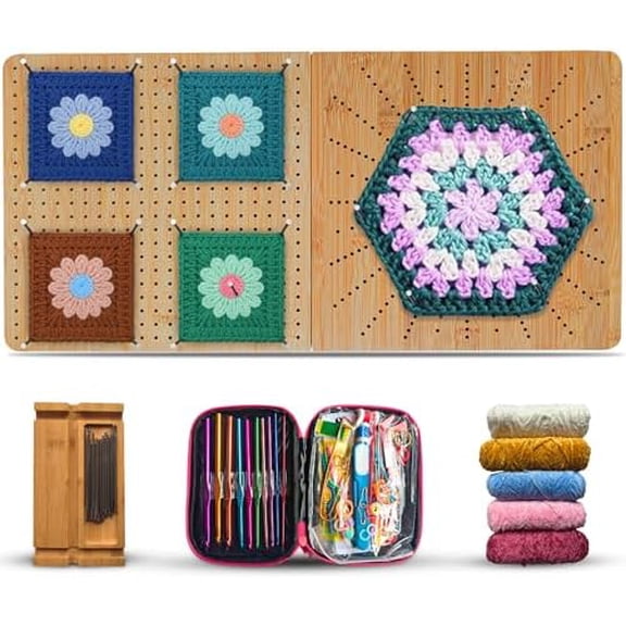 Foldable Bamboo Crochet Blocking Board Kit Dual-Sided Square & Circular Grid 22 11 in, 40 Pins + 100 Tools + 5 Yarn Skeins All-in-One Crochet & Knitting Kit for Beginners & Crafters