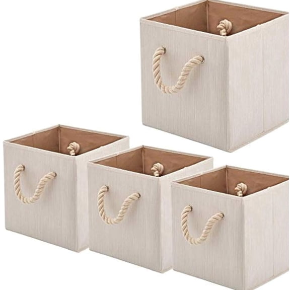 Foldable Bamboo Fabric Storage Bins with Set of 4 with Cotton Rope Handles Beige