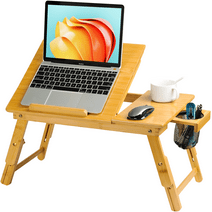 Foldable Bamboo Lap Laptop Desk Height Adjustable with 5 Angles Tilting Top and Storage Net
