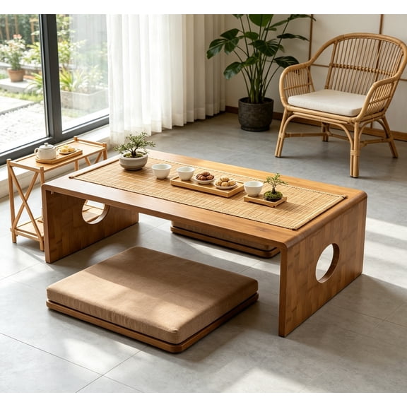 Foldable Bamboo Low Floor Table No Assembly, Portable Coffee Table for Tea Rooms, Office
