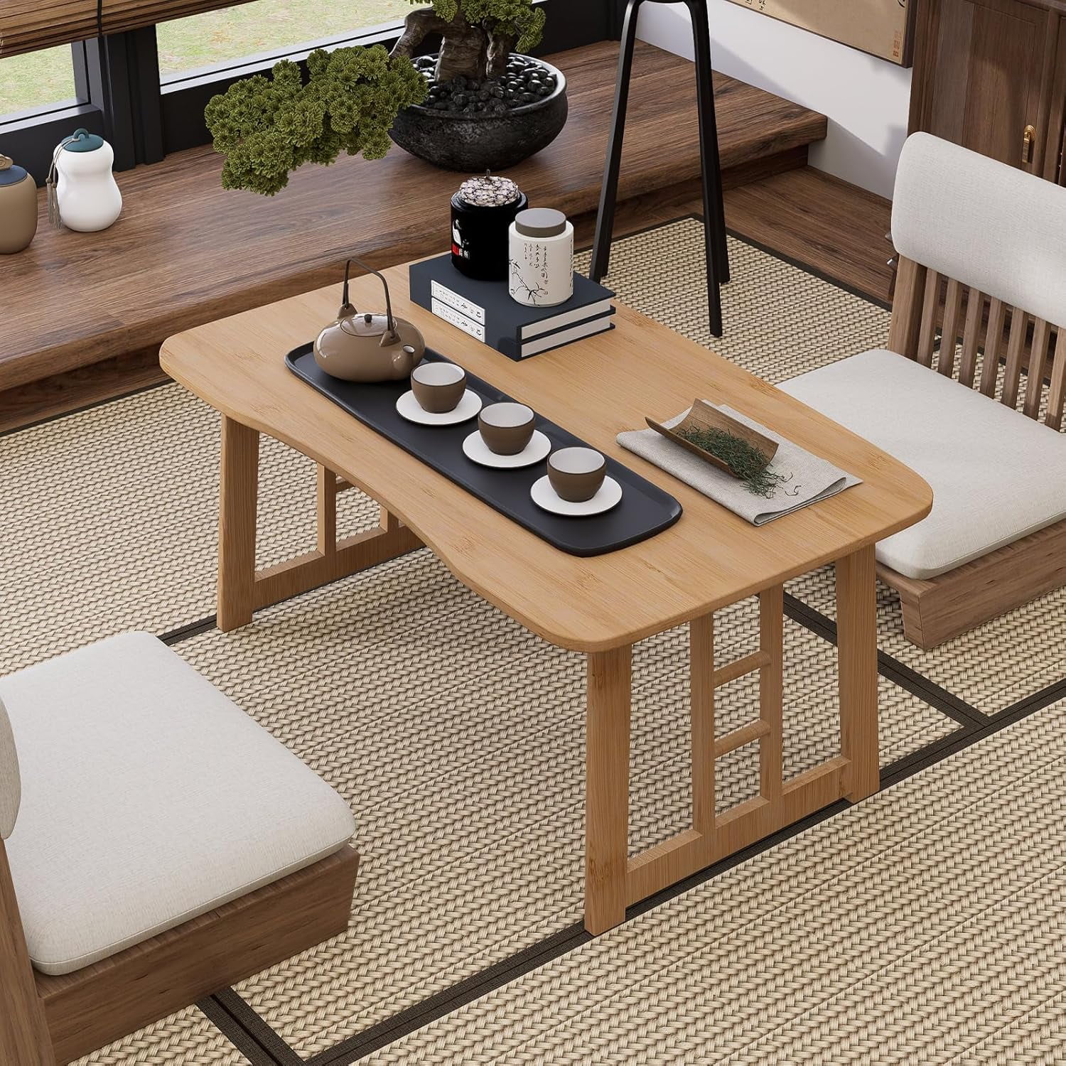 Foldable Bamboo Low Table, Portable Collapsible Floor Coffee Table for ...