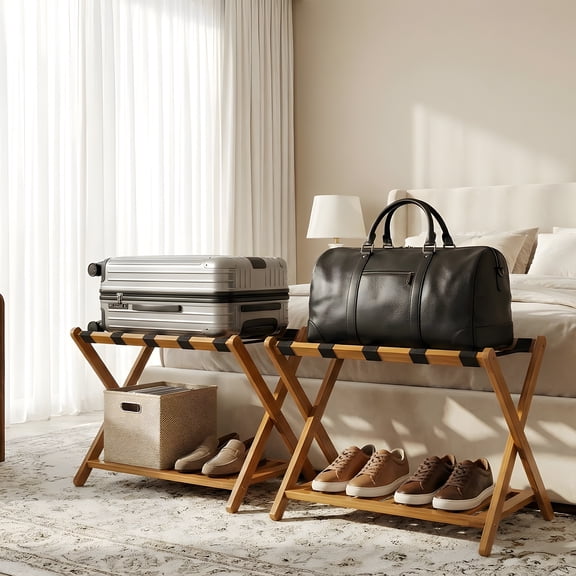 Foldable Bamboo Luggage Rack, 2-Tier Suitcase Stand for Bedroom, Protects Carpets And Bedding, Hygienic Bamboo Slats, Scratch-Resistant Finish, Slim 4" Profile, Stable X-Frame
