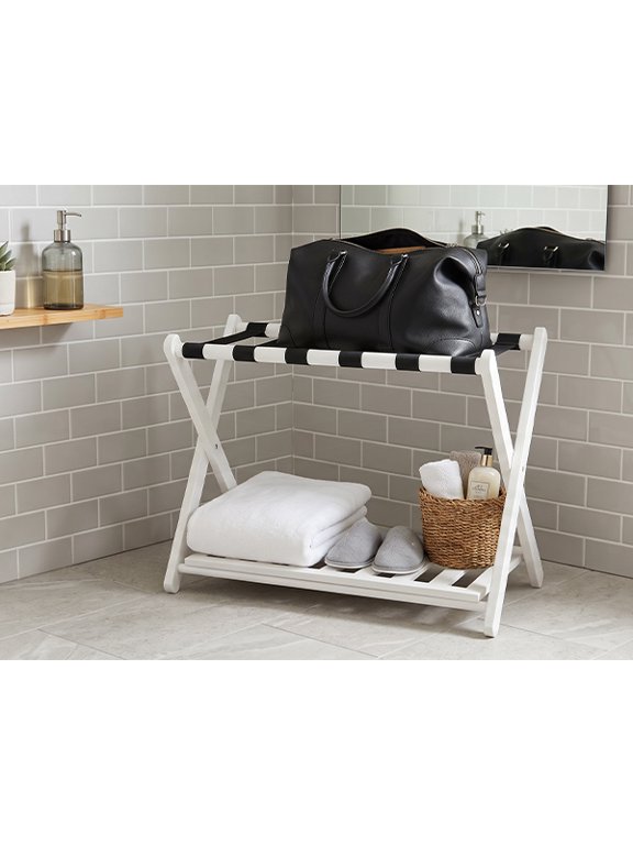 Foldable Bamboo Luggage Rack, XStructure Guest Room Suitcase Stand with HeavyDuty Nylon Straps for Hotel Bedroom Use