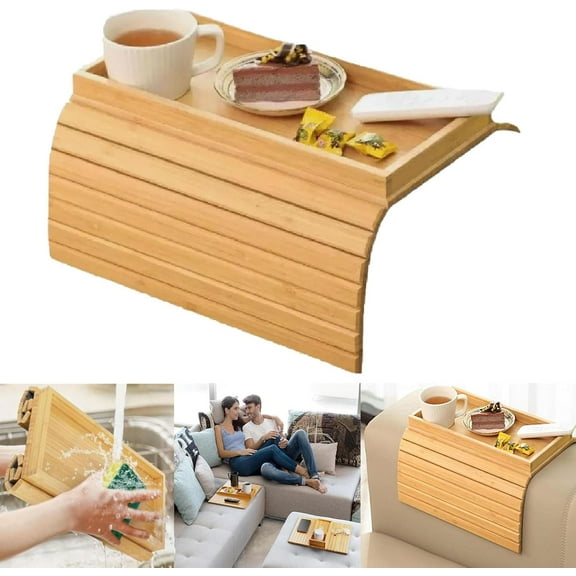 Foldable Bamboo Tray with Cup Holder, Bamboo Couch Cup Holder, Foldable Bamboo Tray, Foldable Bamboo Couch Arm Table Tray, Universal Fit Couch Cup Holder Organizer, Easy to Clean Anti-Slip (1set)