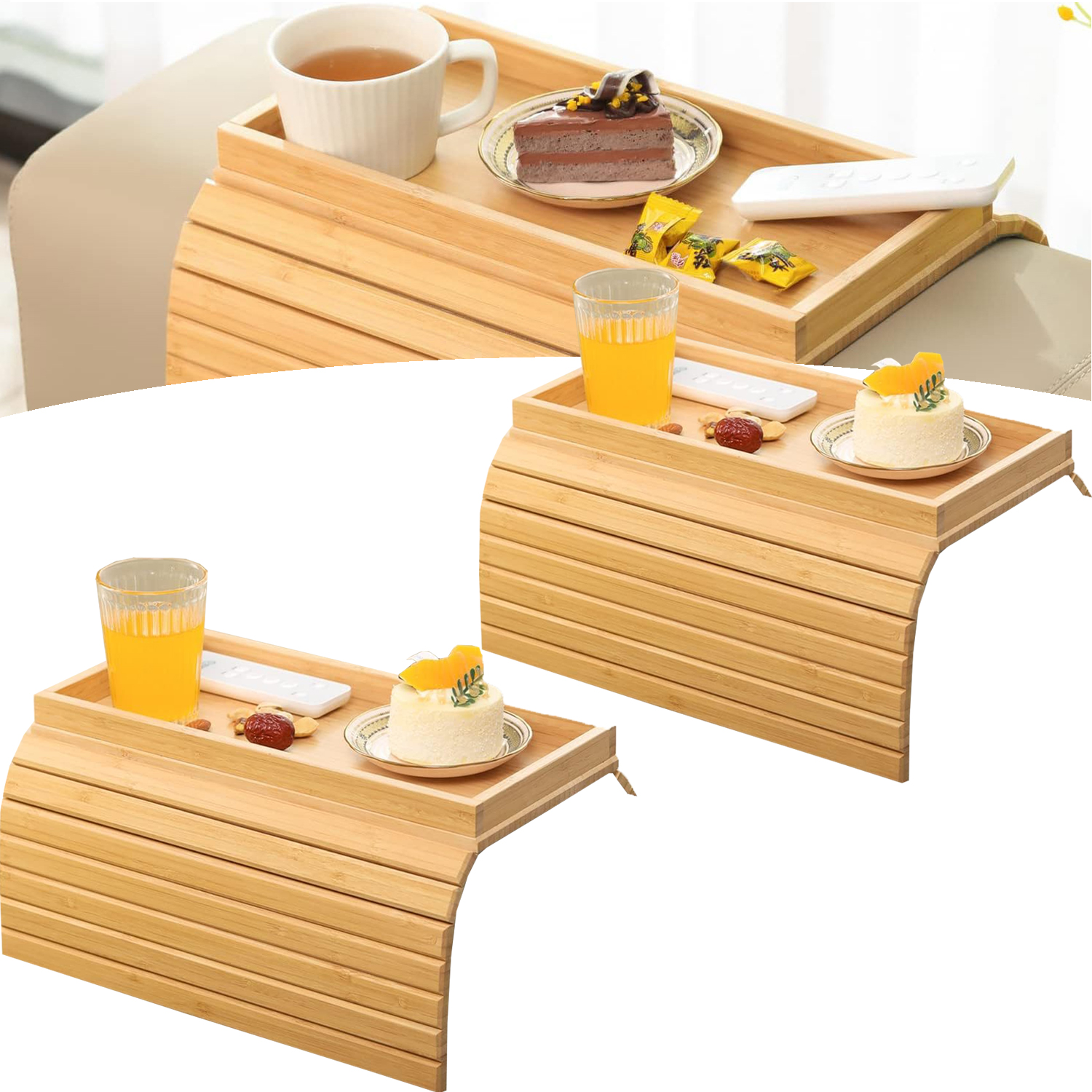 Couch Hacks, Foldable Bamboo Tray With Cup Holder, Couch Arm Table Tray, Bamboo Cup Holder For